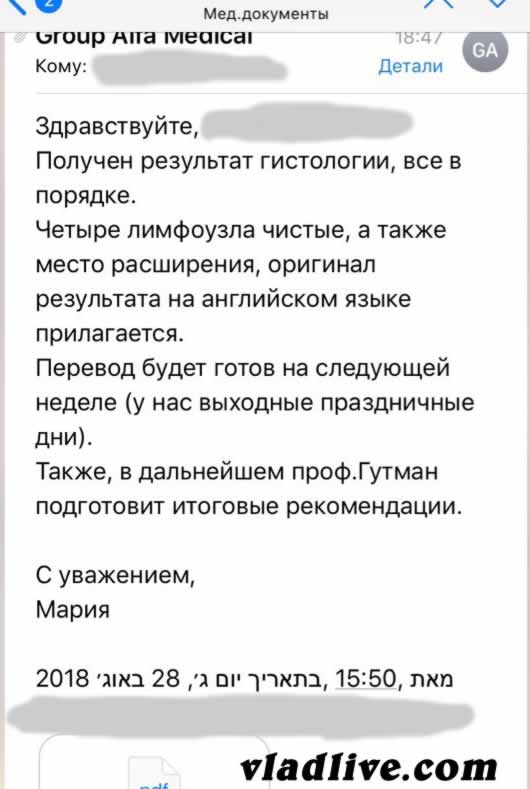 Лечение в Израиле. Биопсия сторожевых лимфоузлов. Итог О лечении в Израиле. Результат биопсии сторожевых лимфоузлов при меланоме