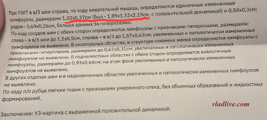 УЗИ после неоадъювантной терапии Ервой + Опдиво и операции по удалению лимфоузов