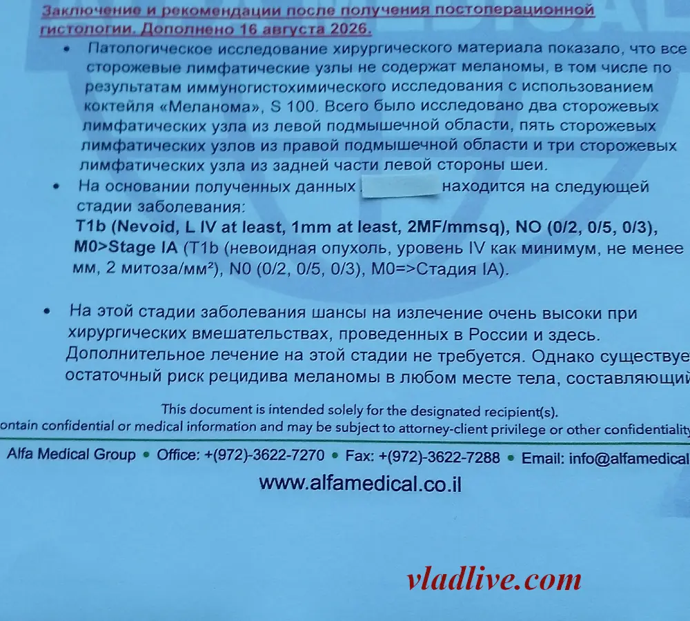 Лечение меланомы в Израиле 2026. Результат выполнения БСЛУ